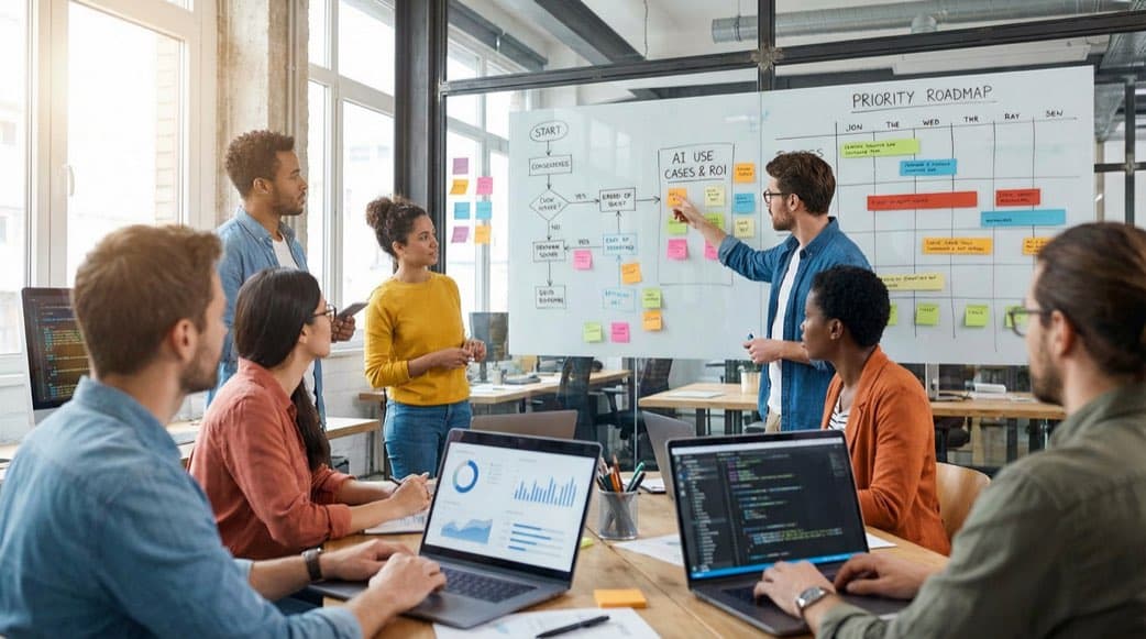 AI roadmap planning session - team prioritizing high-ROI use cases and dependencies